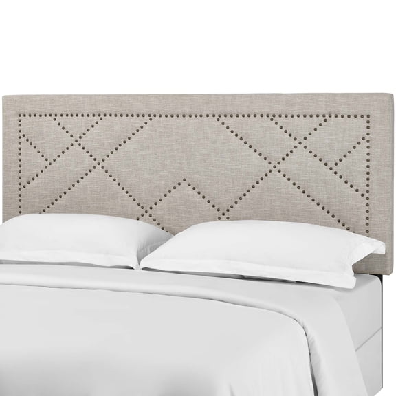 Contemporary Modern Urban Designer Bedroom Full and Queen Size Headboard, Rivet Nail, Fabric, Beige