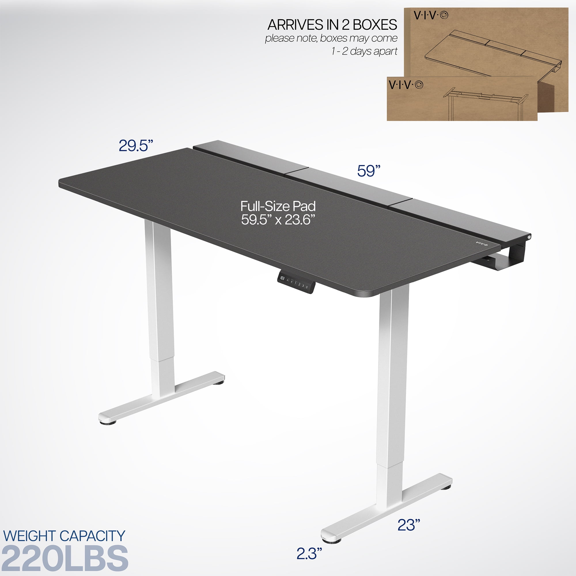 VIVO Electric 60" x 30" Desk, Full Pad, Black Hidden Cable Tabletop, White Frame