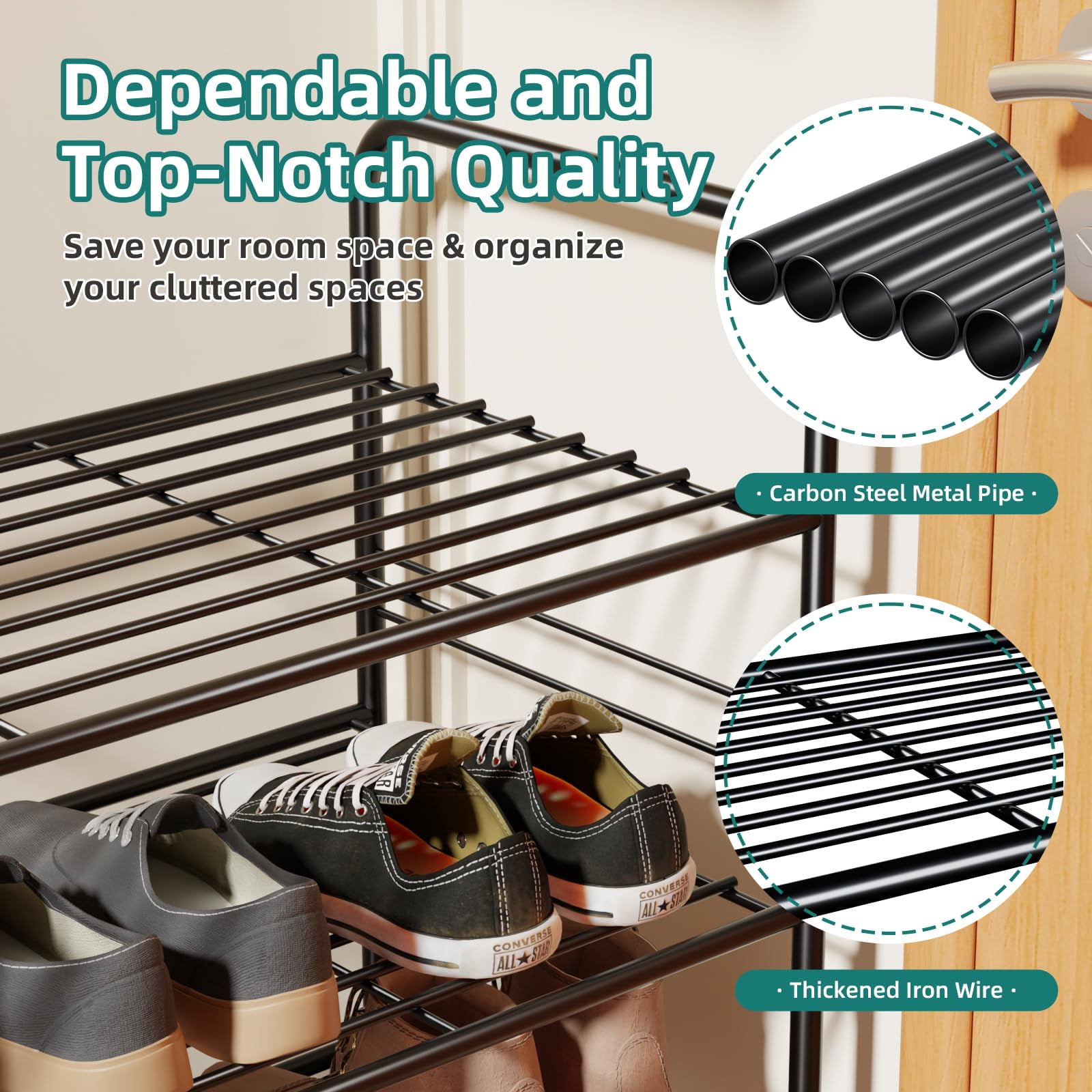 3-Tier Metal Shoes Rack for Closet, 33" Wide Shoe Storage Organizer, Black
