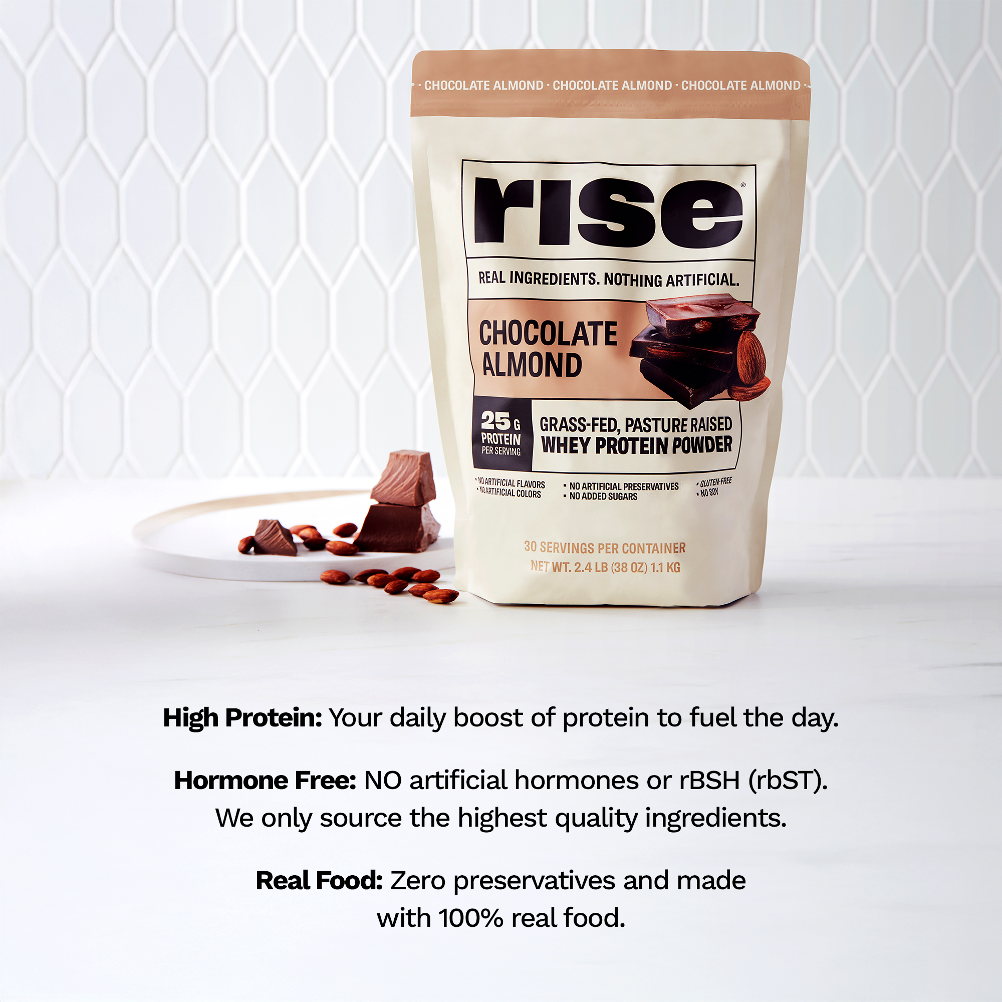 Rise Whey Protein Powder - Chocolate Almond | 25g Protein No Artificial Flavors, Colors, or Preservatives - Sugar Free, Gluten-Free, Soy Free (2.4 lbs)
