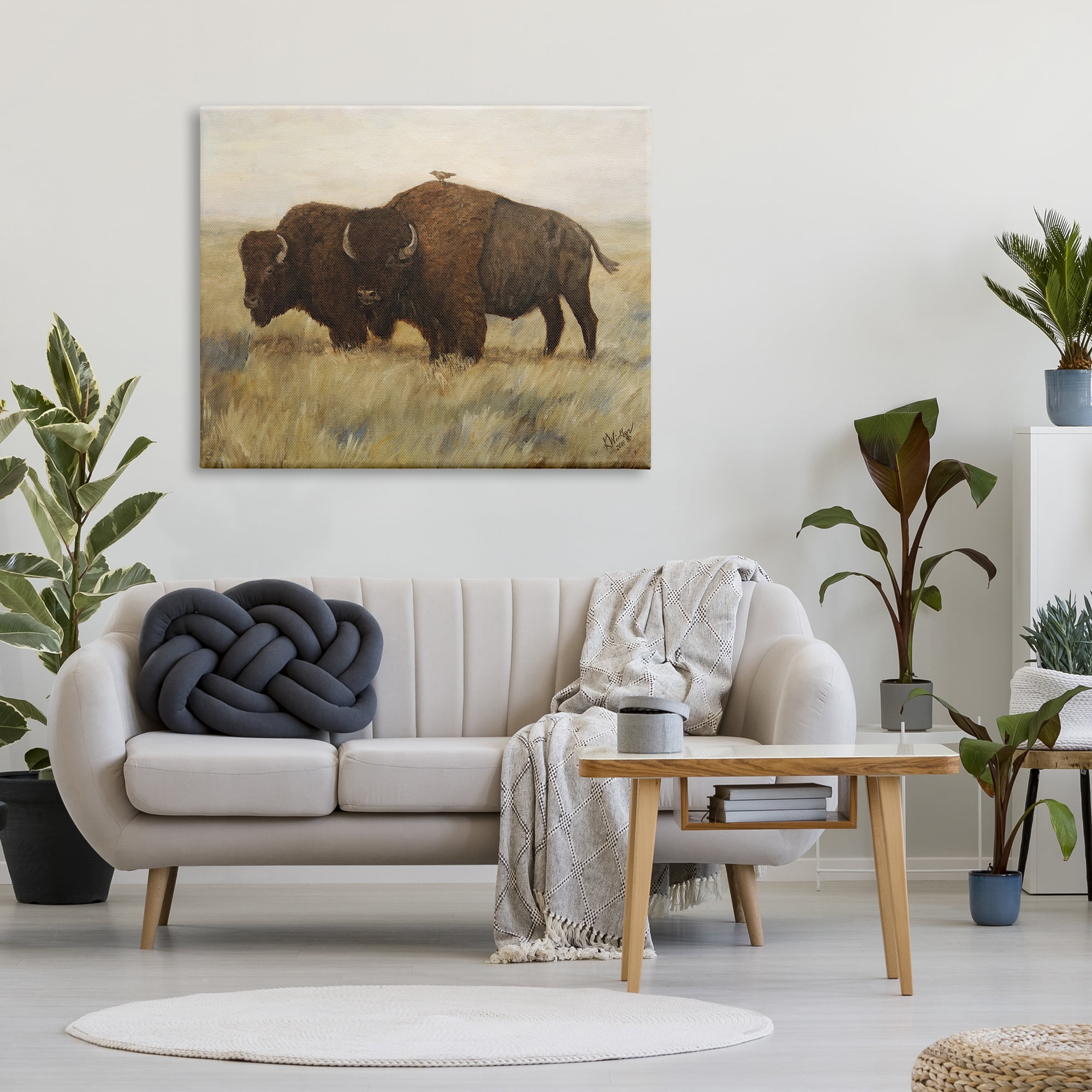 Stupell Industries Bird on Bison Rural Scene Animals & Insects Painting Gallery Wrapped Canvas Print Wall Art