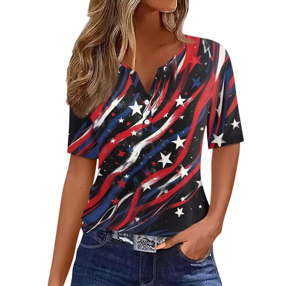 Women's 250th Anniversary Usa Shirt Independence Day Patriotic Star Stripe Print V-Neck Button Short Sleeve Top