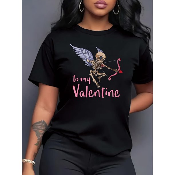 Valentine's Day Heart & Skull Print Crew Neck T-Shirt - Casual Polyester Short Sleeve Top for Women, Perfect for Summer & Spring, Archery