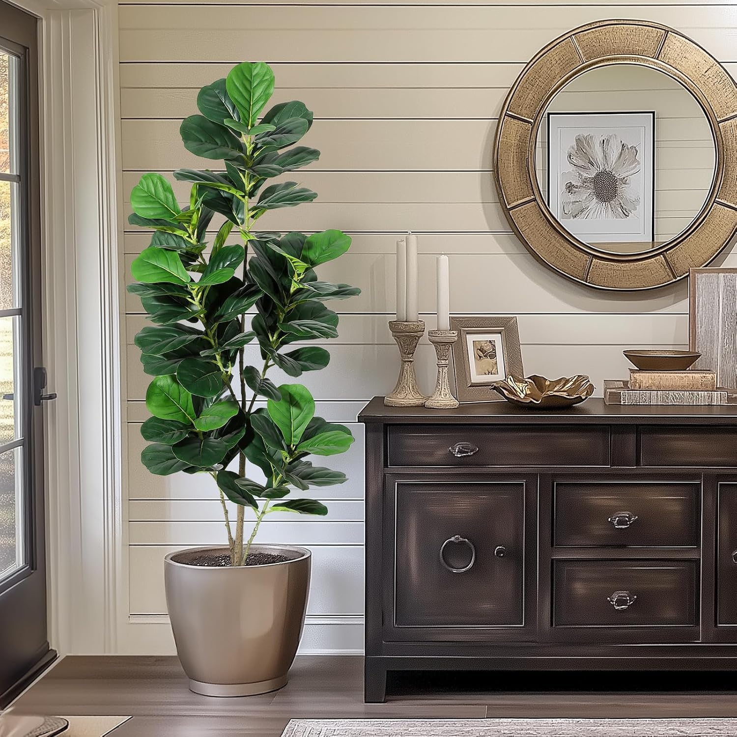 5FT Fiddle Leaf Fig Artificial Tree Faux Floor Plant, Potted Fake Fiddle Leaf Fig Tree for Indoor Outdoor Home Office Decor, with Black Planter Pot