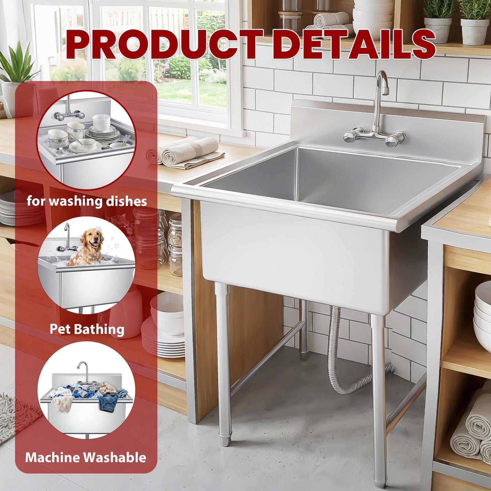 Home Utility Heavy Duty Laundry Garage Sink,  Freestanding Laundry Sink for Garage or Kitchen, Indoor Outdoor Utility Tub with Pull-Out Faucet, Towel Bar, 27.56” D*27” W*56.7” H
