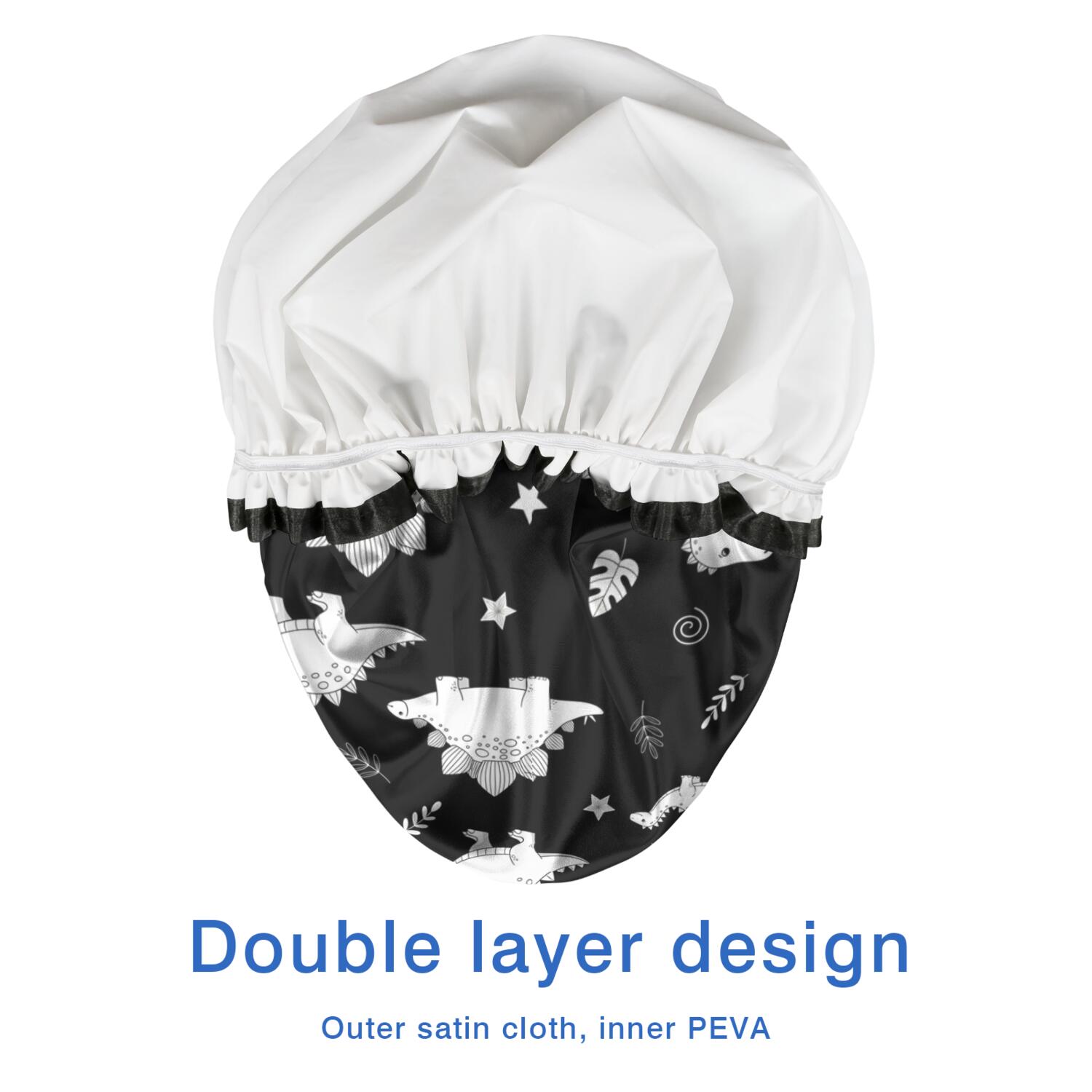Shower Caps,Black Dinosaurs Leaves Stars Pattern Waterproof Shower Cap for Women 4 Pieces,Double Reusable Hair Cover for Shower PEVA Elastic Stretch Hem