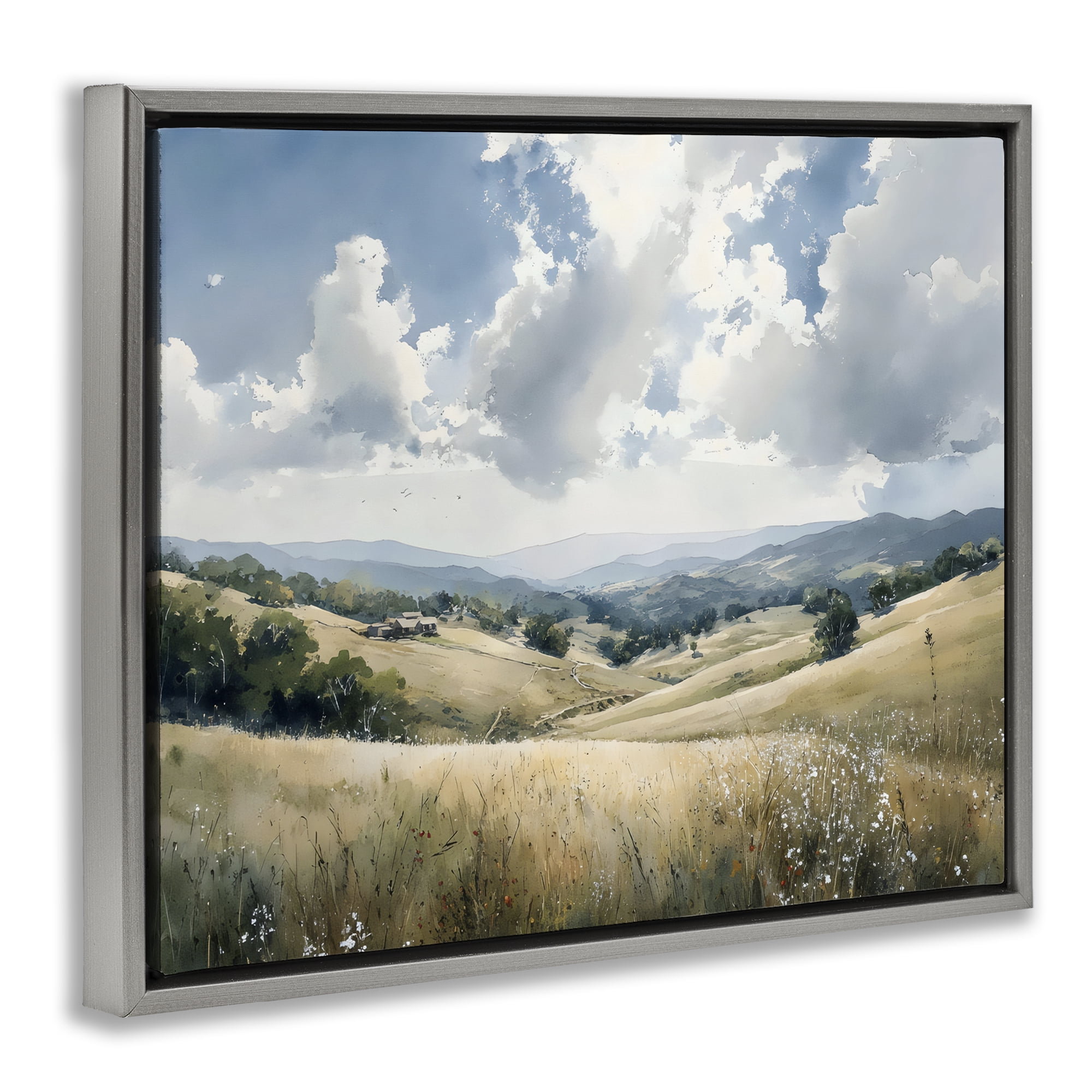 Stupell Industries Distant Hill House in Meadow Gray Framed Floater Canvas Wall Art, design by Franklyn Gregory