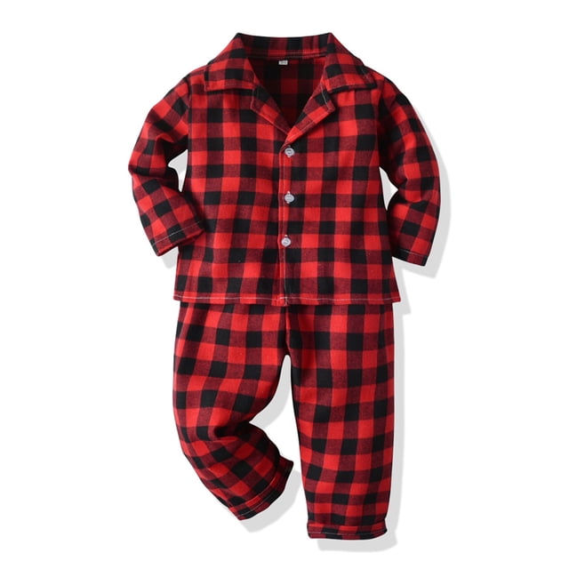 LSLJS Pyjama pour Bébé Garçon Fille de Noël à Carreaux Rouges Imprimé, Manches Longues, Col à Revers, Chemise Boutonnée, Pantalon, Tenue de Nuit, Pyjama pour Bébé ( 2-3 Ans, Rouge )