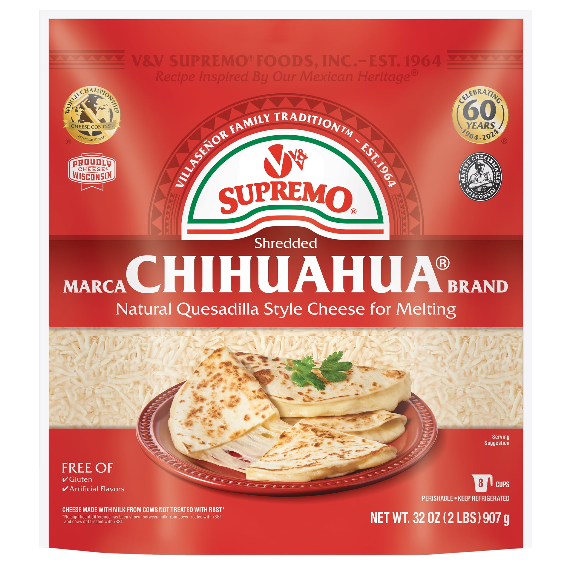 V&V Supremo Shredded Chihuahua Authentic Mexican Style Quesadilla Cheese, Gluten-Free, 32 oz, Refrigerated