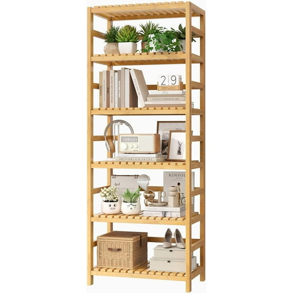 Bamboo Shelf, Bamboo Bookcase with Adjustable Shelves, Free Standing Storage Shelf Unit, Plant Flower Stand for Kitchen, Bathroom, Home Office, Vintage