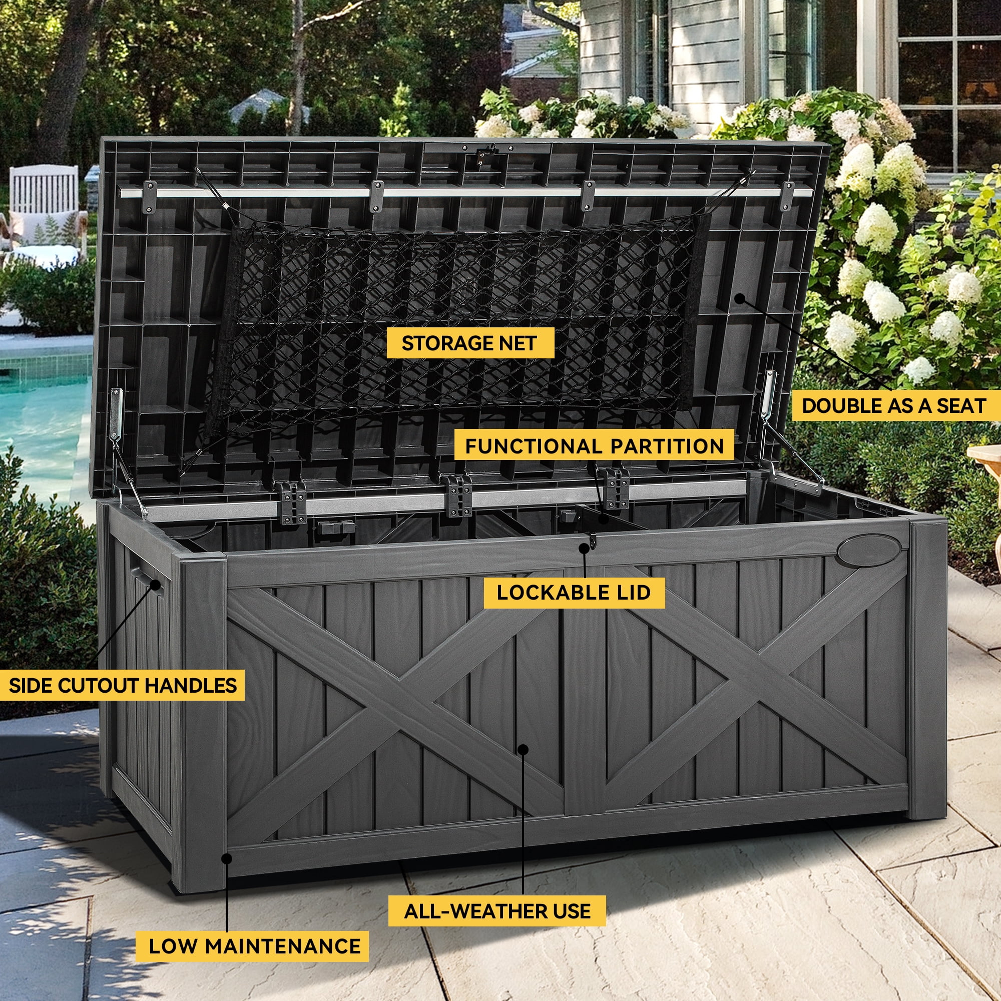 Dextrus 120 Gal Large Resin Deck Box, Waterproof&Lockable,Black