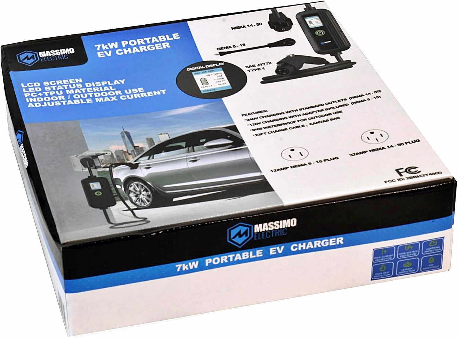 Electric Vehicle Charger Portable EV Charger, 32 AMP NEMA 14-50 and 12AMP NEMA 5-15 Connector, Level 1 & 2