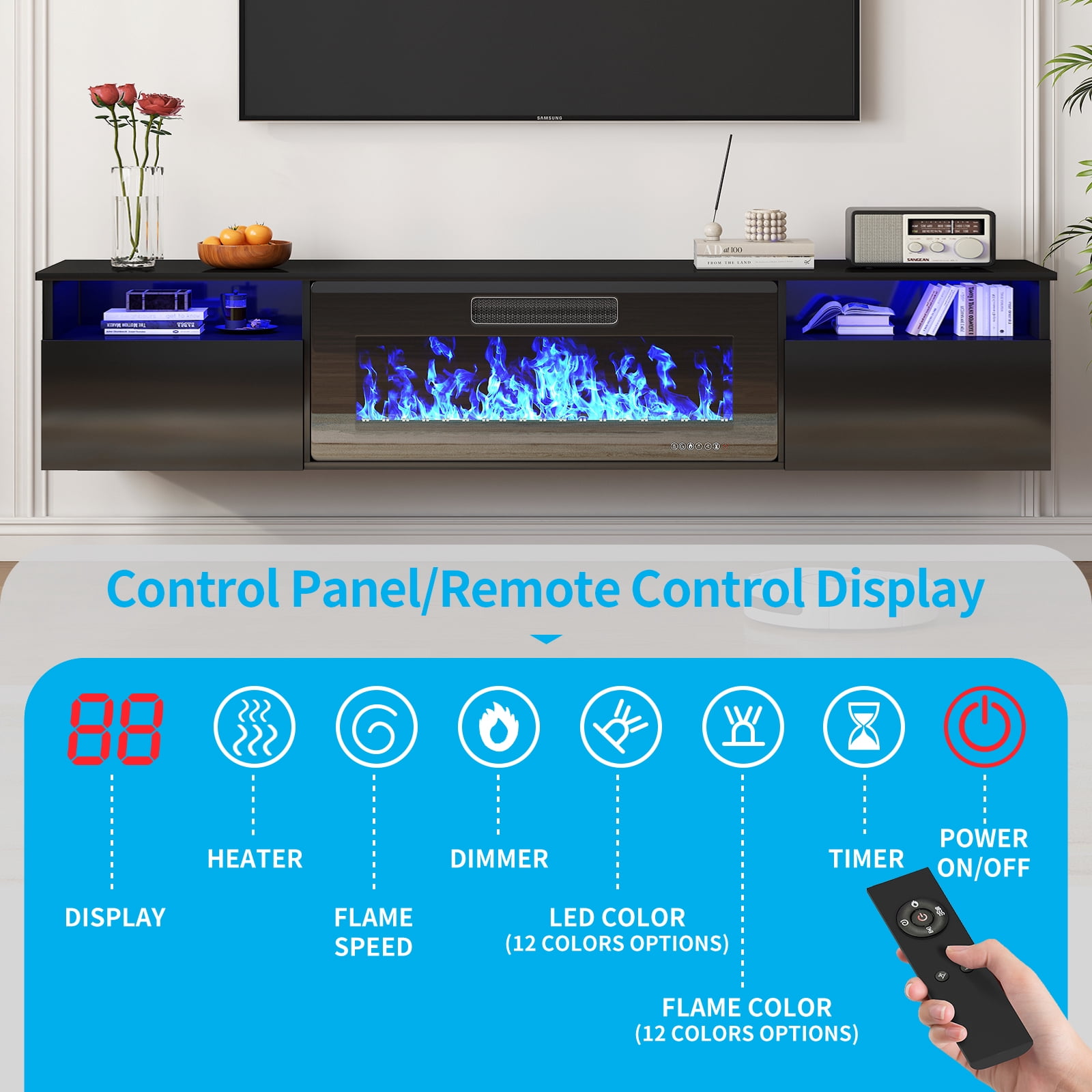 TABU 80" Floating Fireplace TV Stand with 36" Electric Fireplace,Wall Mounted TV Stand with Fireplace for TVs up to 90",Black