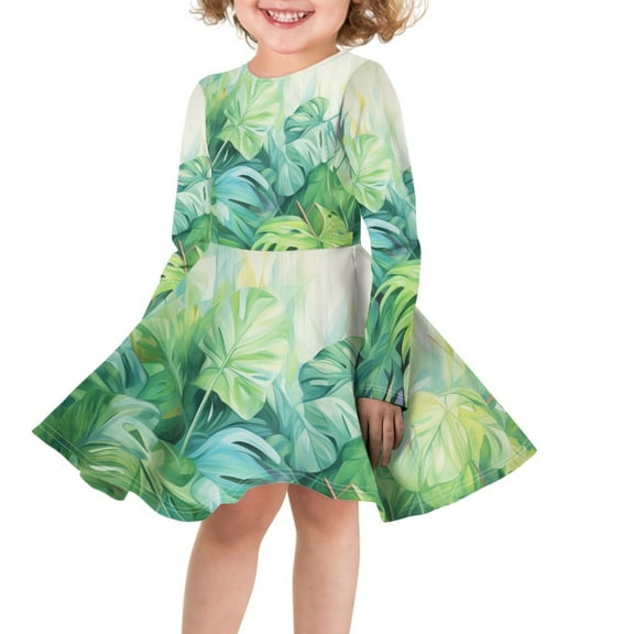 DISNIMO Girls Palm Leaf Dress Girls Size 3-4 Dresses for Little Girls Long Sleeve Midi Dresses Kids School Dresses for Girls Dance Cute Fall Dresses for Girls Casual Dress Long Sleeve Skater Dress