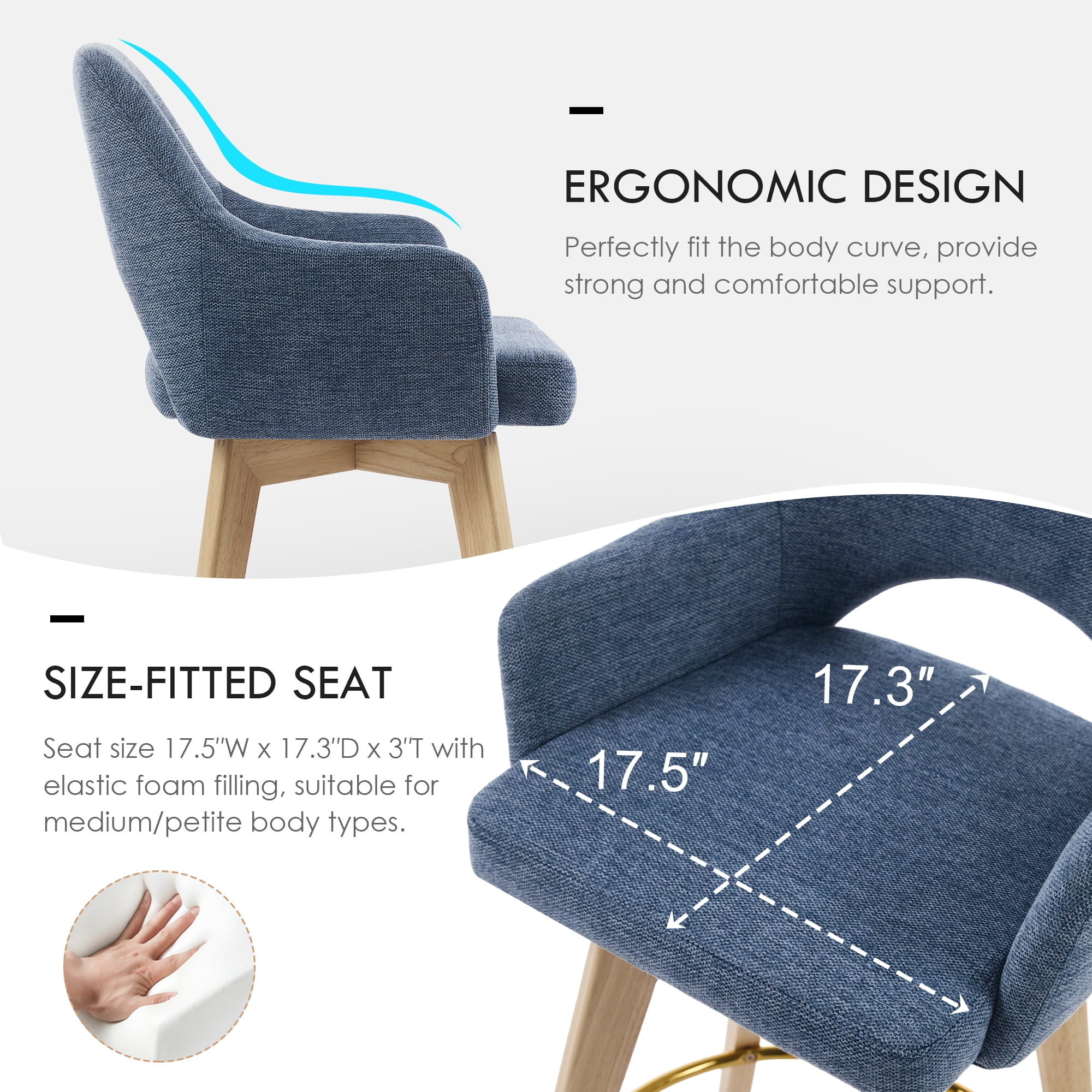 Zesthouse 26.8″ Swivel Counter Height Bar Stools Set of 2, Upholstered Linen Bar Stools with Back and Wood Legs, Mid Century Modern Barstool Island Chairs for Kitchen Counter, Blue