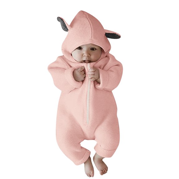 Generic Kids Classic Fit Sweaters Clearance Baby Girls Boys Winter Warm Knit Outwear Sweater Hooded Romper Jumpsuit for Fall Cute Fashion Pullovers(12-18 Months,Pink)