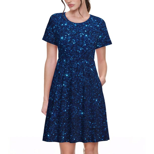 Easygdp Sparkling Blue Glitter para Vestido Transpirable de Mujer, Vestido Suelto de Manga Corta con Pliegues y Bolsillos para el Verano