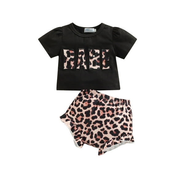Franhais 2 Pcs Infant Casual Outfits, Baby Girls Leopard Letter Pattern Short Sleeve Round Neck T-shirt + Shorts