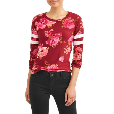 Juniors' Printed Brushed Yummy Athletic Stripe Raglan Sleeve Tee