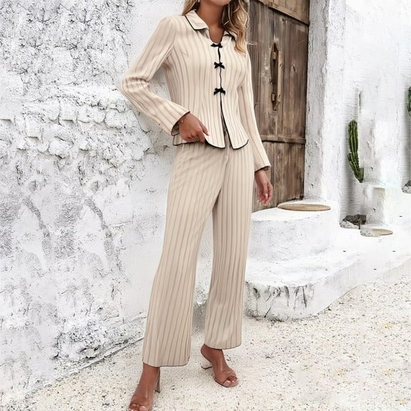 Pajamas for Women Set Ribbed Pajama Sets for Women Pullover V Neck Long Sleeve Sleepwear Matching Comfy Long Pants Outfits