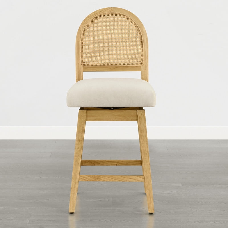Spruce & Spring 25" Counter Height Swivel Bar Stools Set of 2 with Handmade Rattan Back and Upholstered Seats for Kitchen Island, Natural
