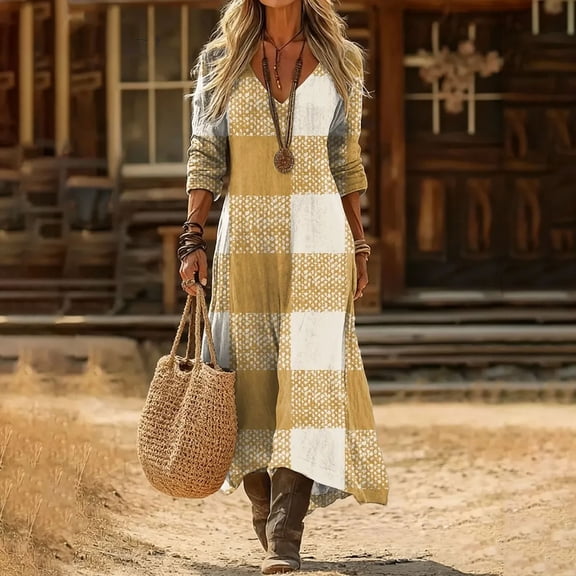 Vetsdori Womens Long Sleeve Maxi Dresses Sundress Dresses Party Muumuu,V-Neck Outfits Loose Long Dress for Junior Mujer