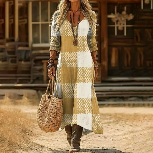 Heisall Robe Maxi Bohème à Smocks à Manches Longues pour Femme, Été, Décontractée, Ample, Florale, Plage, Vacances, avec Poches
