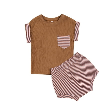 

One opening Baby s Two Piece Set Infant s Crew Neck Contrast Sleeves Shirt Elastic Waistband Shorts for Toddler