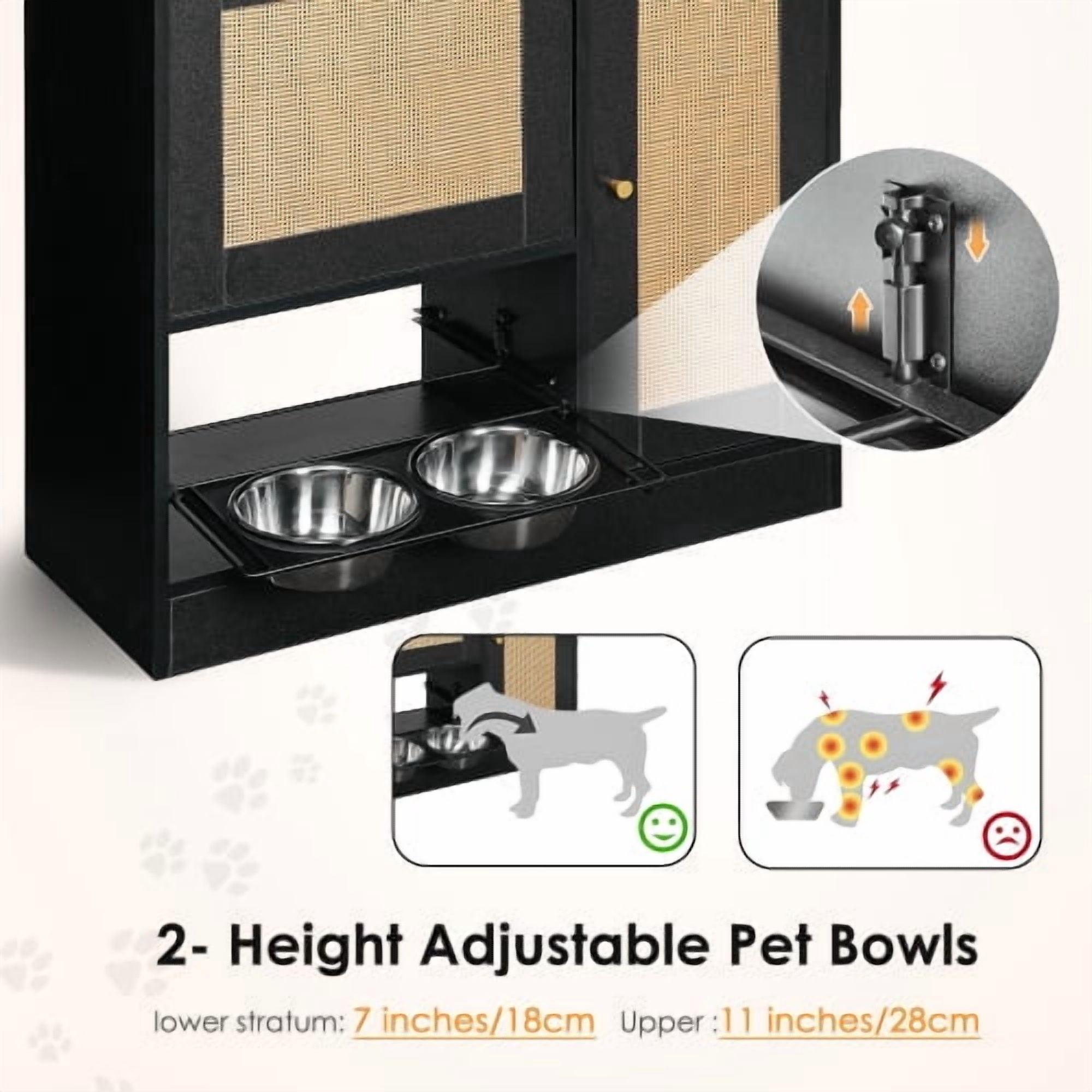 Pet Feeding Station with 2 Lockers and Elevated Dog Bowls Side Hooks Anti-Tipping Kit Rattan Door for Kitchen and Living Room, Black and Vintage