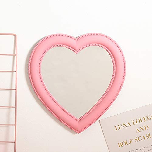 Miroir De Maquillage Double Face En Forme De Cœur - Avec Support - Côté Normal + Côté Grossissant - Portable Pour Bureau, Coiffeuse - Rose - 7