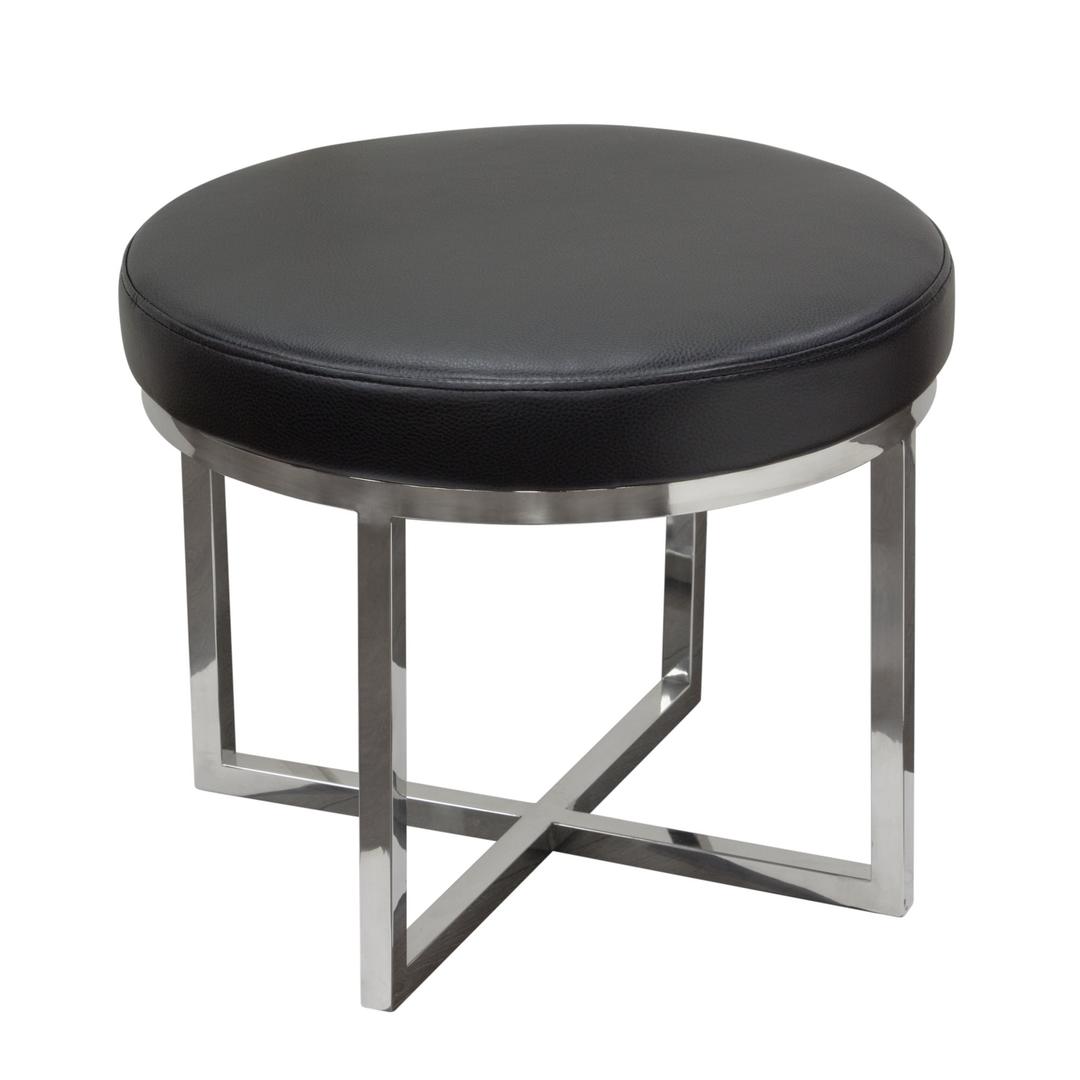Benzara Leather Upholstered Round Accent Stool with Cross Metal Legs, White and ChromeColor