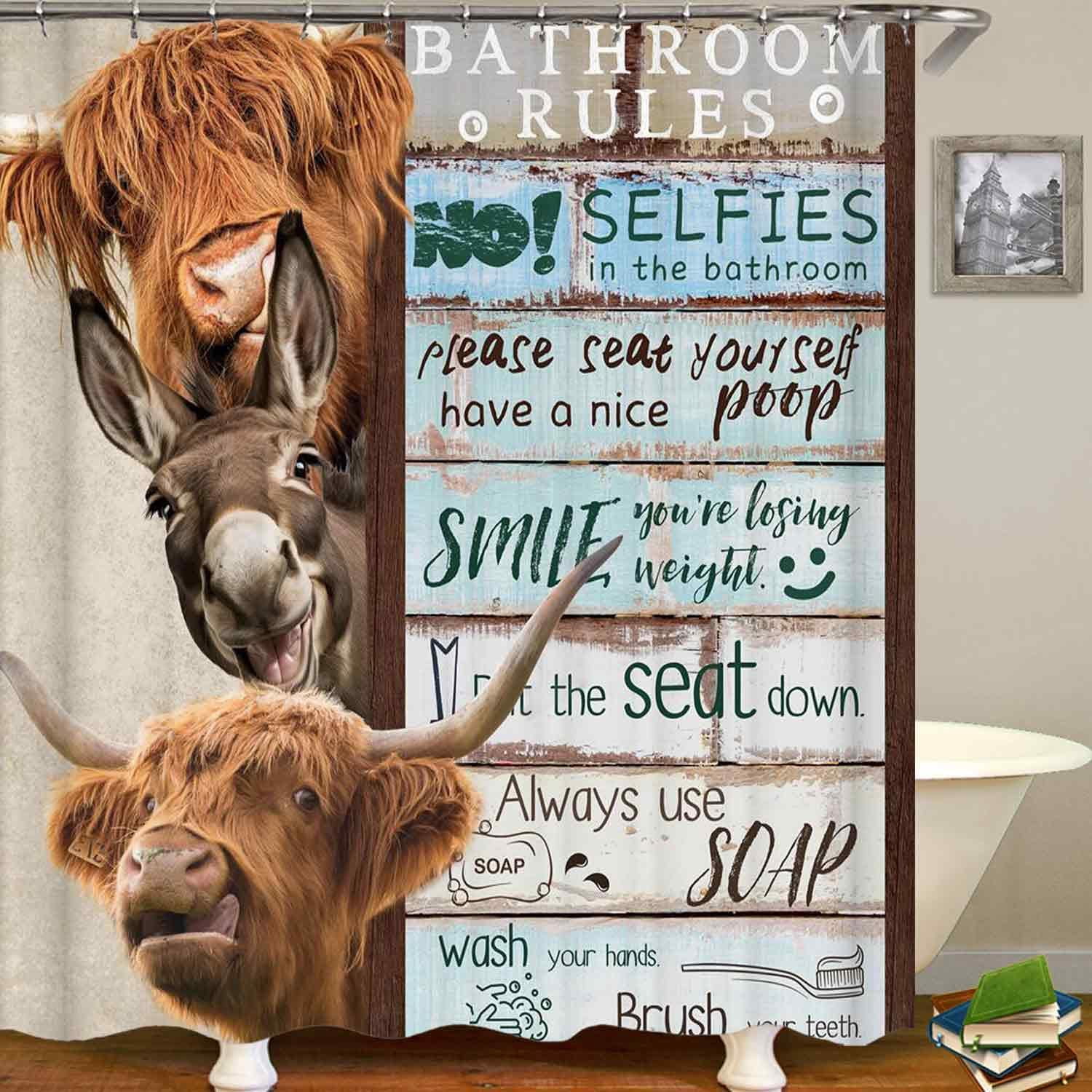 4PCS Funny Highland Cow Shower Curtain Set, Waterproof White Fabric Shower Curtain, Non-Slip Bath Mat Bathroom Rugs Sunflower Floral Farm Animal Western Country Rustic Farmhouse Bathroom Decor