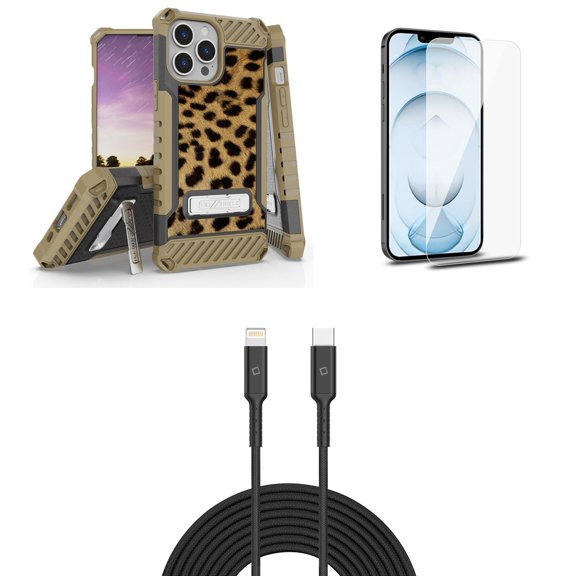 Bemz iPhone 13 Pro Bundle: Tri Shield Shockproof Armor Rugged Case (Cheetah), Premium Glass Screen Protectors (2-Pack), USB-C to Lightning Cable (3.3ft/1m)