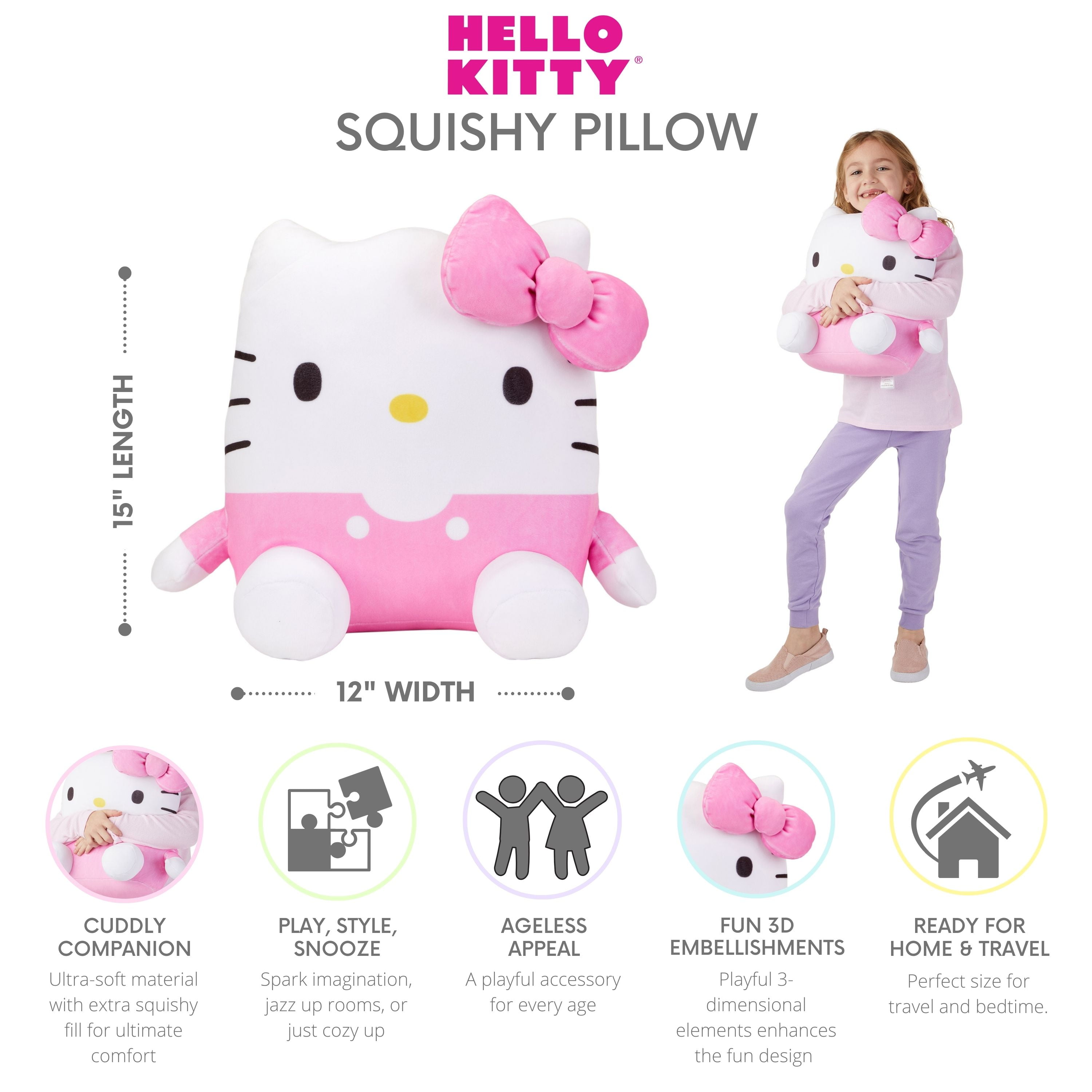 Hello Kitty Ultra Squishy Pillow Kids 15 inch Polyester Fill Decorative Bedding Huggable Size
