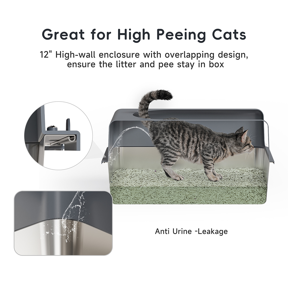 Bsadne Large High-Sided Stainless Steel Multi-Cat Litter Box Set with Lid, Scoop, and Tray, Gray(24''*16''*12'')