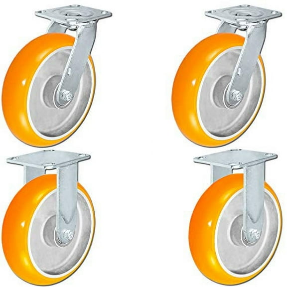 4 Pack - 8" x 2" Non-Marking Orange Tread Polyurethane Casters - 2 Swivel and 2 Rigid Casters - Heavy Duty Caster Set of 4 - CasterHQ Brand