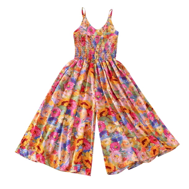 Odeerbi 7-18 Años Niñas Verano Floral Rompers Algodón Pierna Ancha Jumpsuit Primavera Seda Francés Vacaciones Estilo Tirantes Pantalones