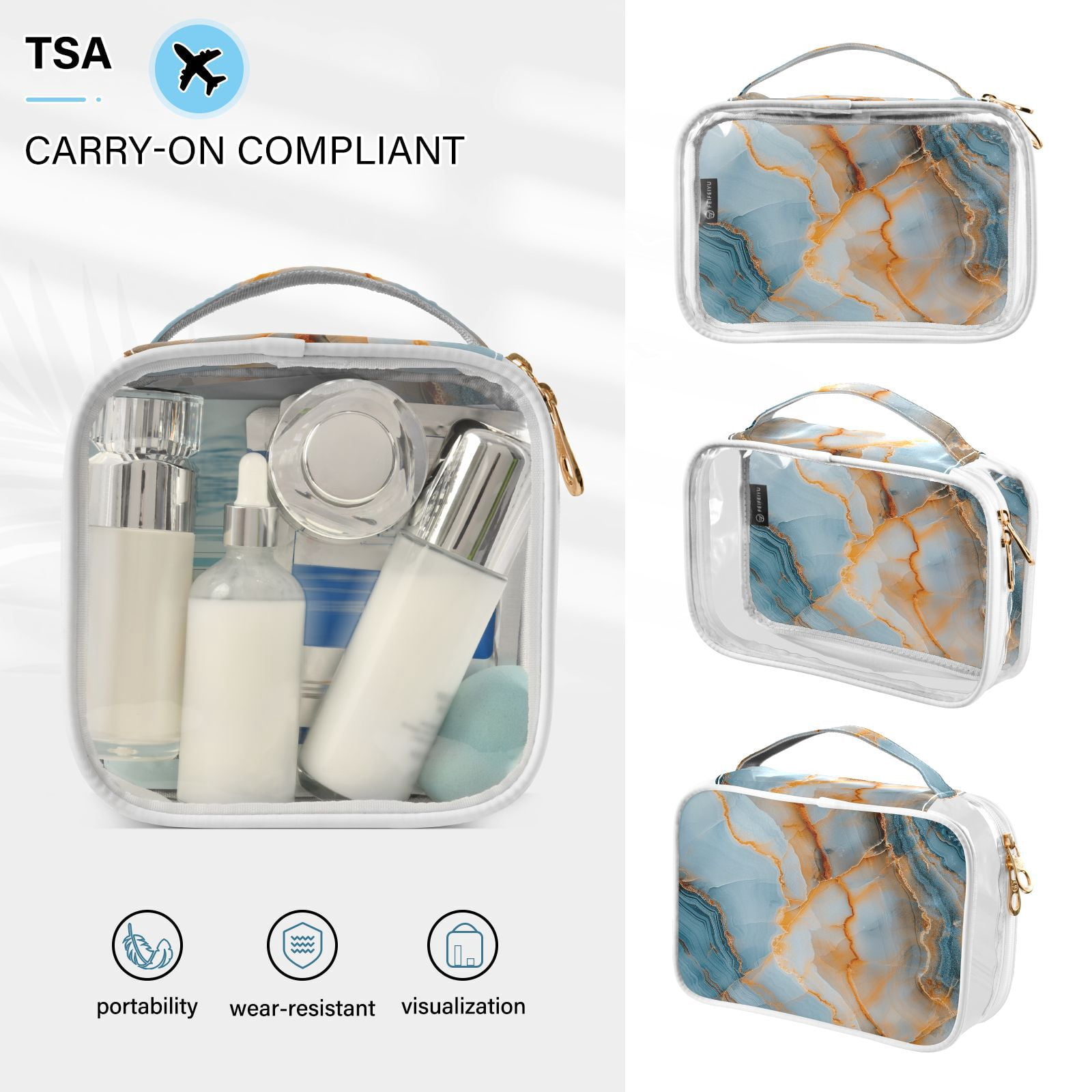 Clear Makeup Bags with Handle Large Opening 2 Pack Set Toiletry Bag Quart Size Bag, for Women Man Traveling Travel Essentials, Toiletries and Other. Marble Pattern Blue Gold