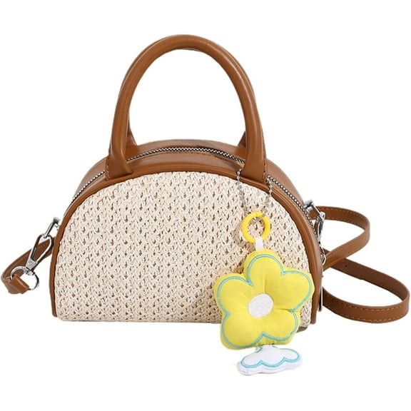 2025 Women's Mini Crossbody Straw Handbag Tote Handbag Commuter Tote Small Flower Keychain Zip Half Round Shoulder Bag