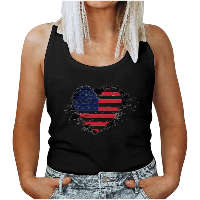 Cuello redondo para mujer Día de la Independencia Impresión Sin mangas Casual Chaleco suelto Tops Fridja gh101