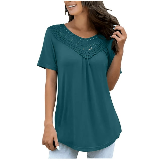 AherBiu Chemises à Manches Courtes Grande Taille pour Femmes Col Rond Décontracté Patchwork en Dentelle Ample Tuniques d'Été Blouse