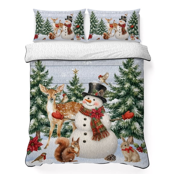 Quilts Queen Size Bedding Set, Grey Vinatge Christmas Lightweight Quilted Comforter, Snowman Elk Xmas Tree Snowflake Soft Reversible Bedspread Coverlet with Pillow Covers for All Season, 90" x 96"