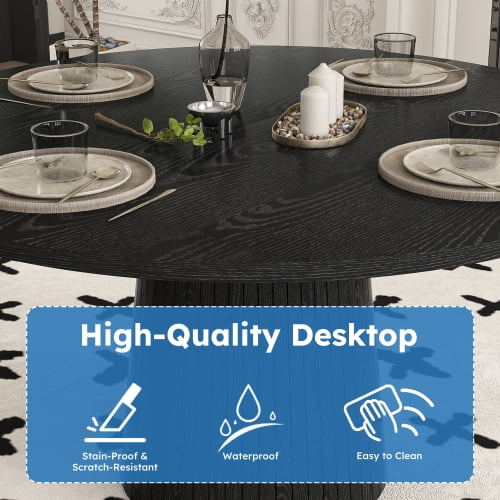 47" Round Dining Table for 4, Modern Farmhouse Black Circle Table with Wood Strip Base for Kitchen & Living Room
