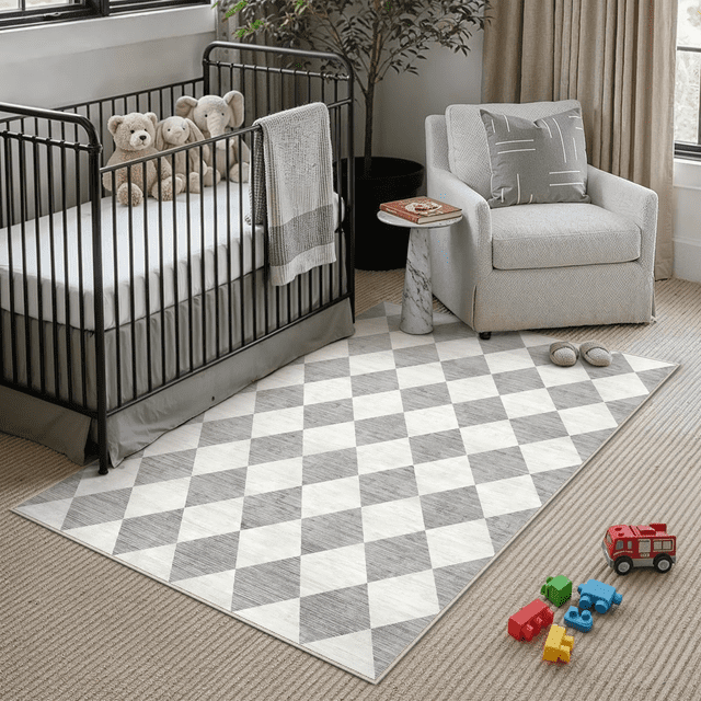 BERTHMEER 4'x6' Washable Rhombus Checkered Area Rugs for Kitchen Bedroom Entryway Rugs Non Slip Geometric Modern Contemporary Dorm Office Tapis Rugs,Gray
