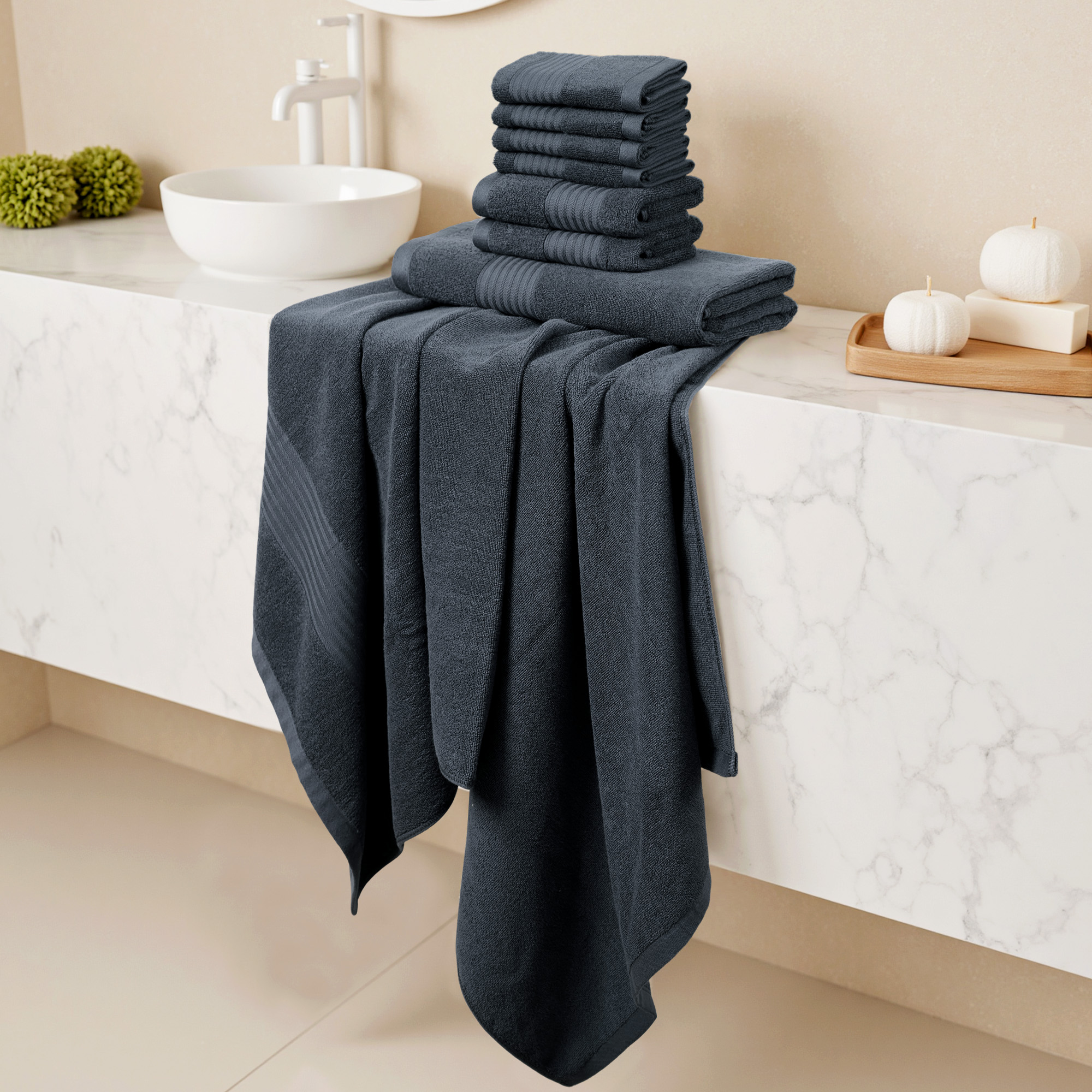 8 Piece Cotton Bath Towel Set, 2 Large Bath Towel, 2 Hand Towels & 4 Wash cloths For Gym, Spa and Bathroom, Dark Gray