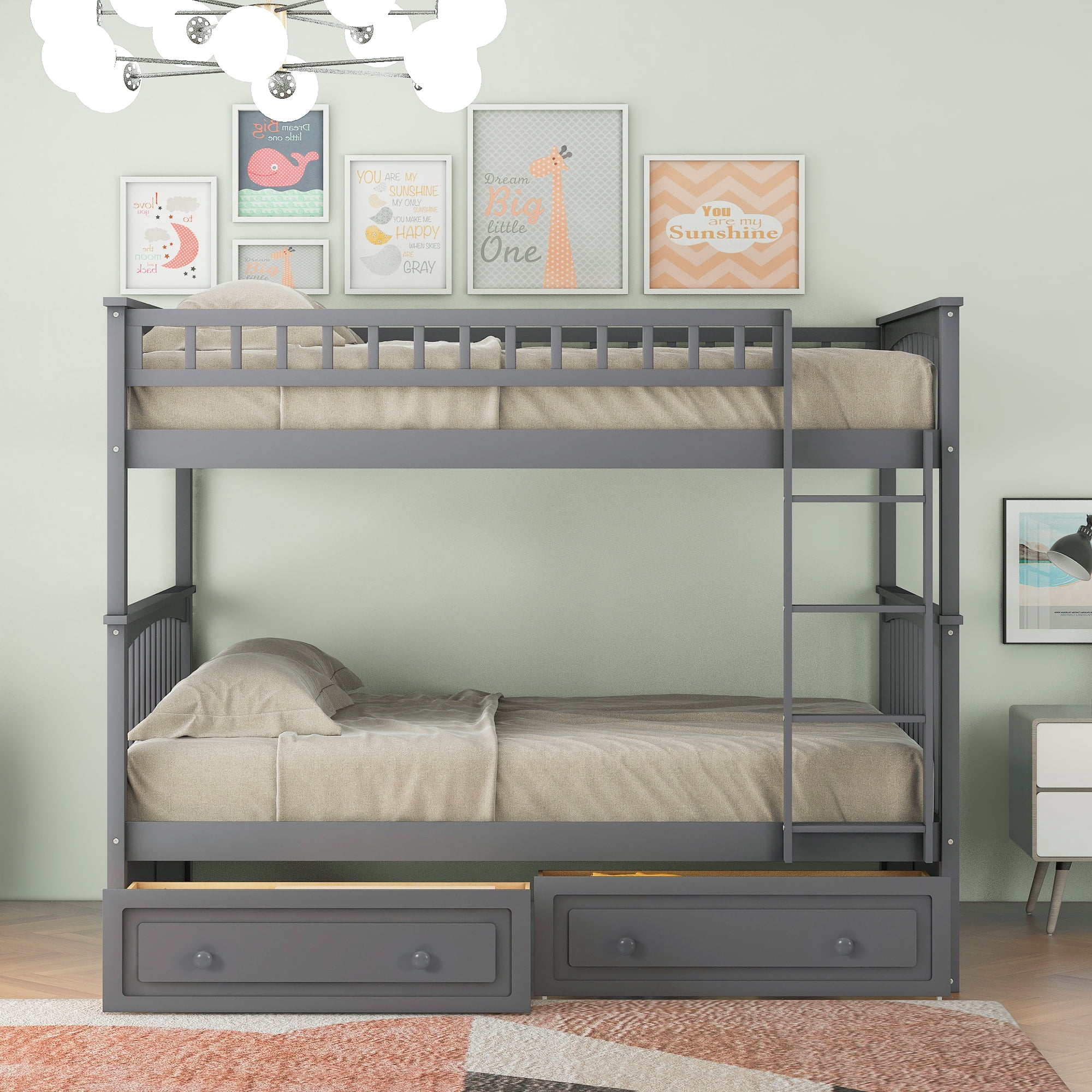 Euroco Pine Wood Bunk Bed With Storage, Full-Over-Full for Kids Teens, Grey