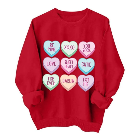Women Valentines Sweatshirt Casual Love Theme Long Sleeve Crewneck Hoodless Tops Loose Comfortable Daily Loungewear Cute Sweatshirts for Women Red L
