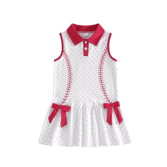 BemeyourBBs Toddler Baby Girls Baseball Dress Outfits Sleeveless Turn Down Collar Button Up Dots Print Bow Party Dress Little Girls Summer Dress