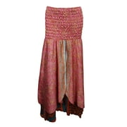 Mogul Womens Maxi Skirt Vintage Silk Sari Pink Two Layered Printed Beach Dress