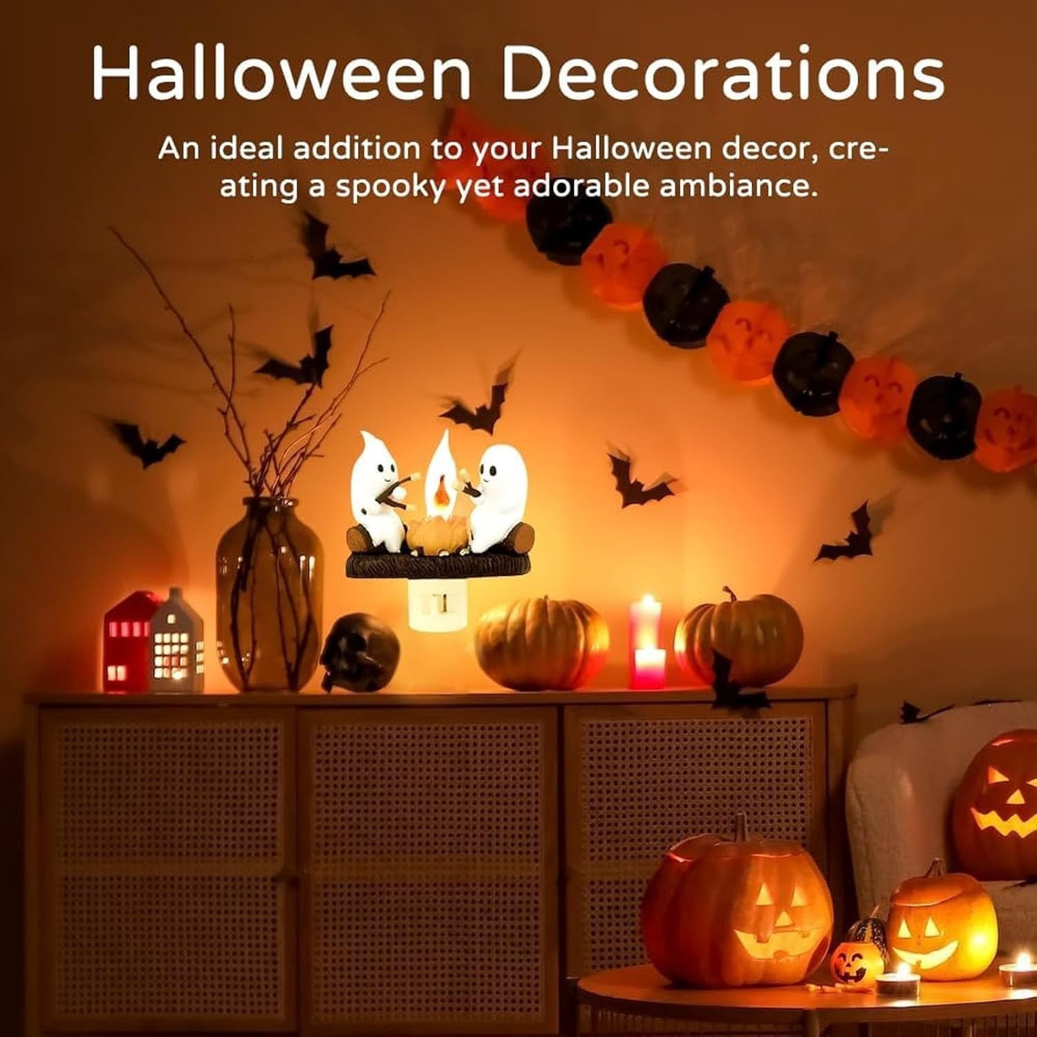 2024 Ghost Campfire Flickering Nightlight, Halloween Night Lights Plug into Wall, 3D Spooky Fire Marshmallow Night Light, Ghost Pumpkin Night Light Dusk Funny Halloween Room Decorations (A-2PC)